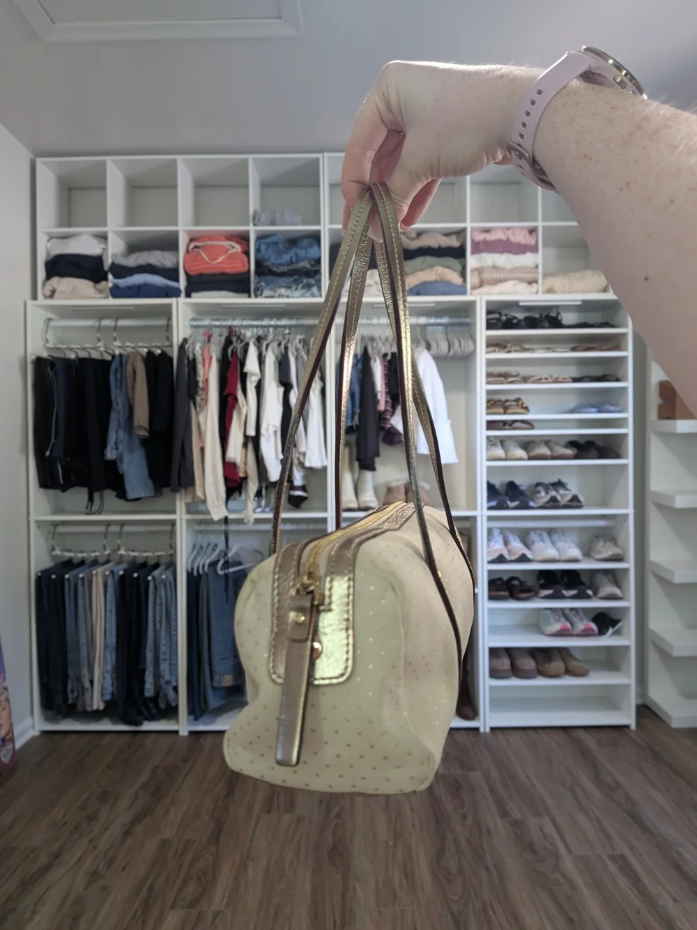 Vintage Y2K Kate Spade Metallic Gold & Cream Barrel Bag w/ Card - Mint Condition